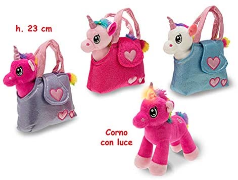 Peluche Unicorno con borsetta - Gioco Bambina - Rosa Fuxia Azzurro Celeste  Lilla - Pony Cavallo Pupazzetto