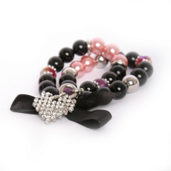 Bracciale con Perle e charm Cuore e fiocco- Viola Rosa Nero