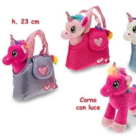 Peluche Unicorno con borsetta - Gioco Bambina - Rosa Fuxia Azzurro